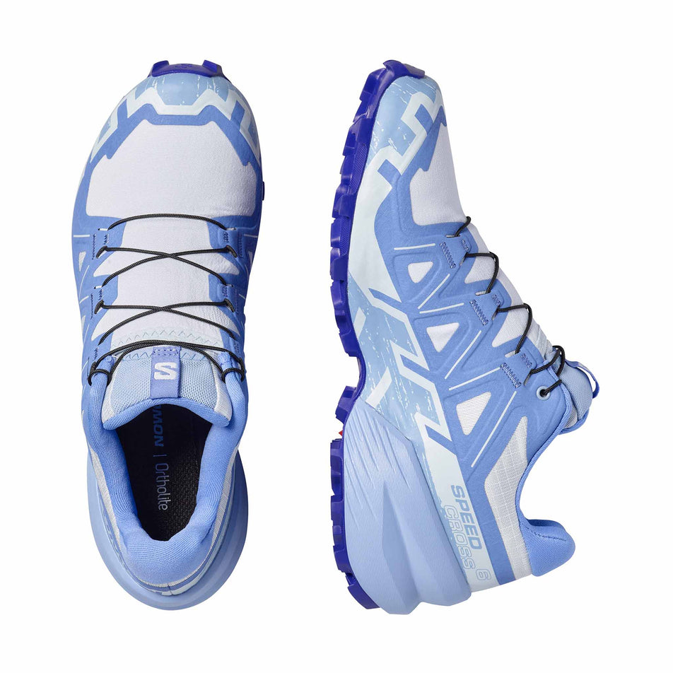 A pair of Salomon Women's Speedcross 6 Running Shoes in the White/Brunnera Blue/Persian Jewel colourway.