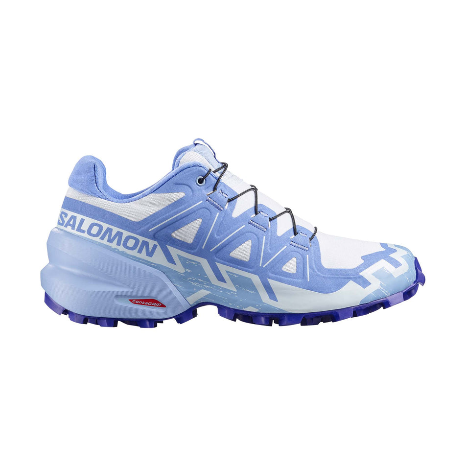 Lateral view of the right shoe from a pair of Salomon Women's Speedcross 6 Running Shoes in the White/Brunnera Blue/Persian Jewel colourway.