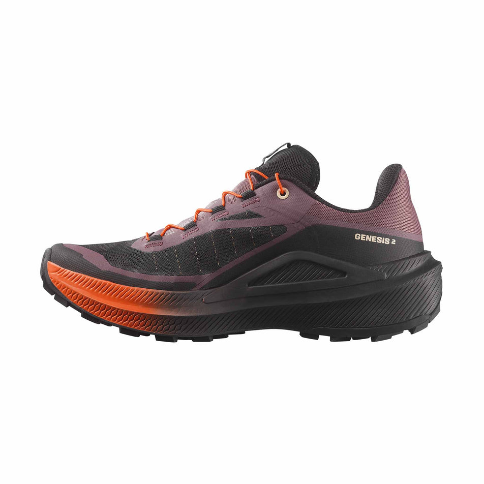 Medial view of the right shoe from a pair of Salomon Women's Genesis 2 Trail Running Shoes in the Huckleberry/Black colourway.