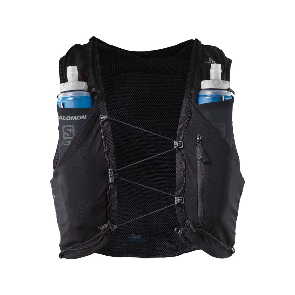 Front view of a Salomon Unisex ADV Skin 5 Running Vest in the Black/Ebony colourway, with flasks included.  (7991863115938)