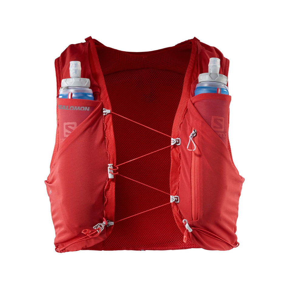 Front view of a Salomon Unisex ADV Skin 5 Running Vest in the Goji Berry/Ebony colourway, with flasks included. (7991875502242)