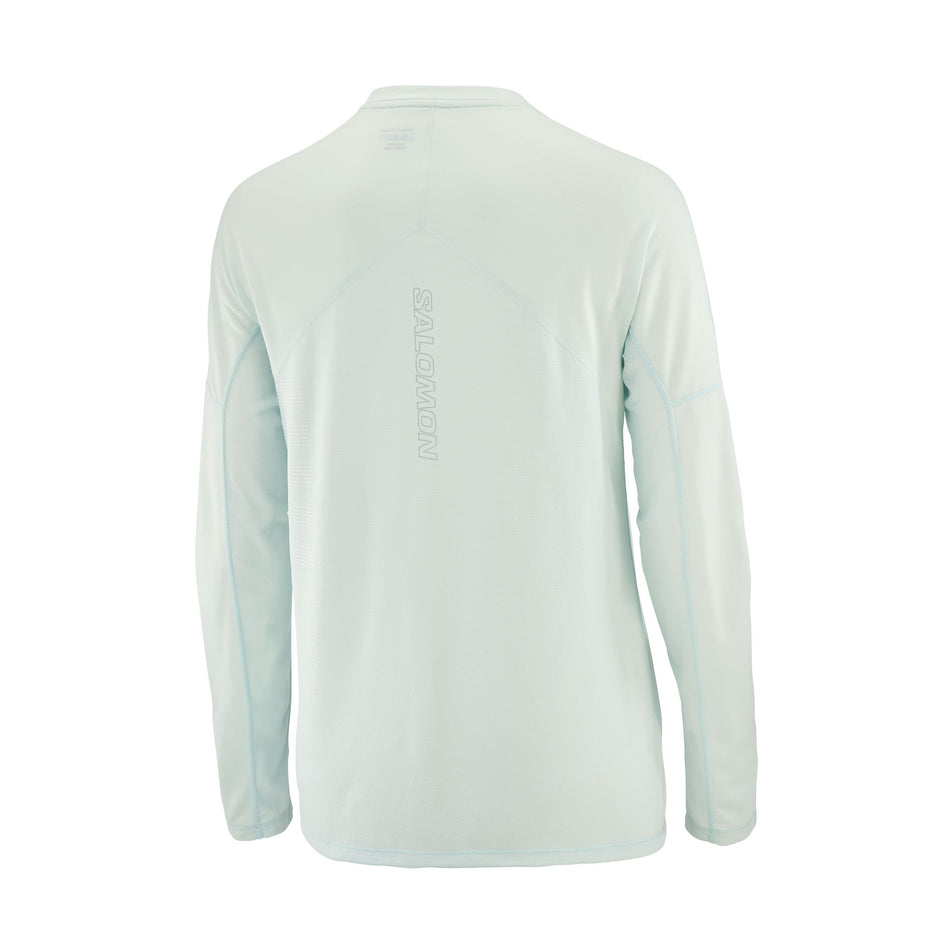 Back view of a Salomon Women's Sense Aero Graphic Long Sleeve T-Shirt in the Misty Blue/White colourway. (8464072999074)