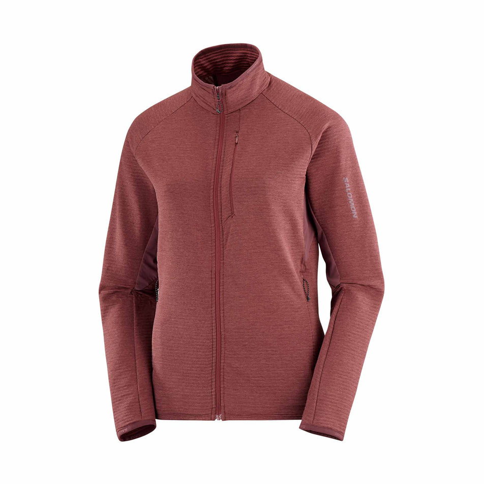 Front view of the Salomon Women's Essential Lightwarm Full Zip Midlayer Jacket in the Rum Raisin colourway. (8509475389602)