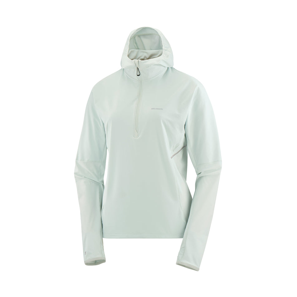 Front view of a Salomon Women's Sense Aero Hybrid Half Zip Midlayer in the Misty Blue colourway. (8463148417186)