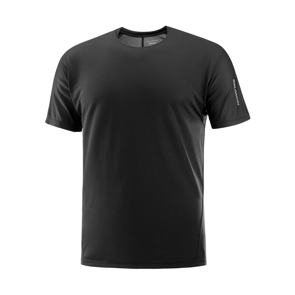 Front view of a Salomon Men's Sense Aero Short Sleeve T-Shirt in the Deep Black colourway. (8466523029666)