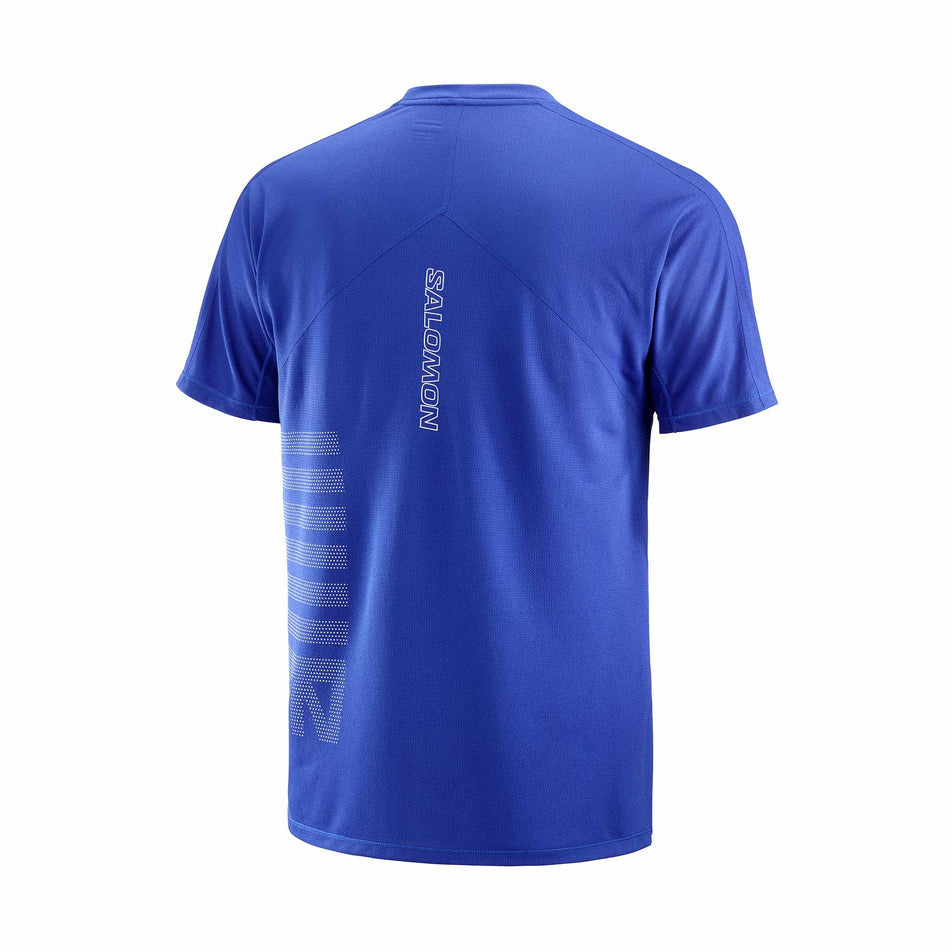 Back view of a Salomon Men's Sense Aero Graphic Short Sleeve T-Shirt in the Surf The Web/Rainy Day colourway. (8464271802530)