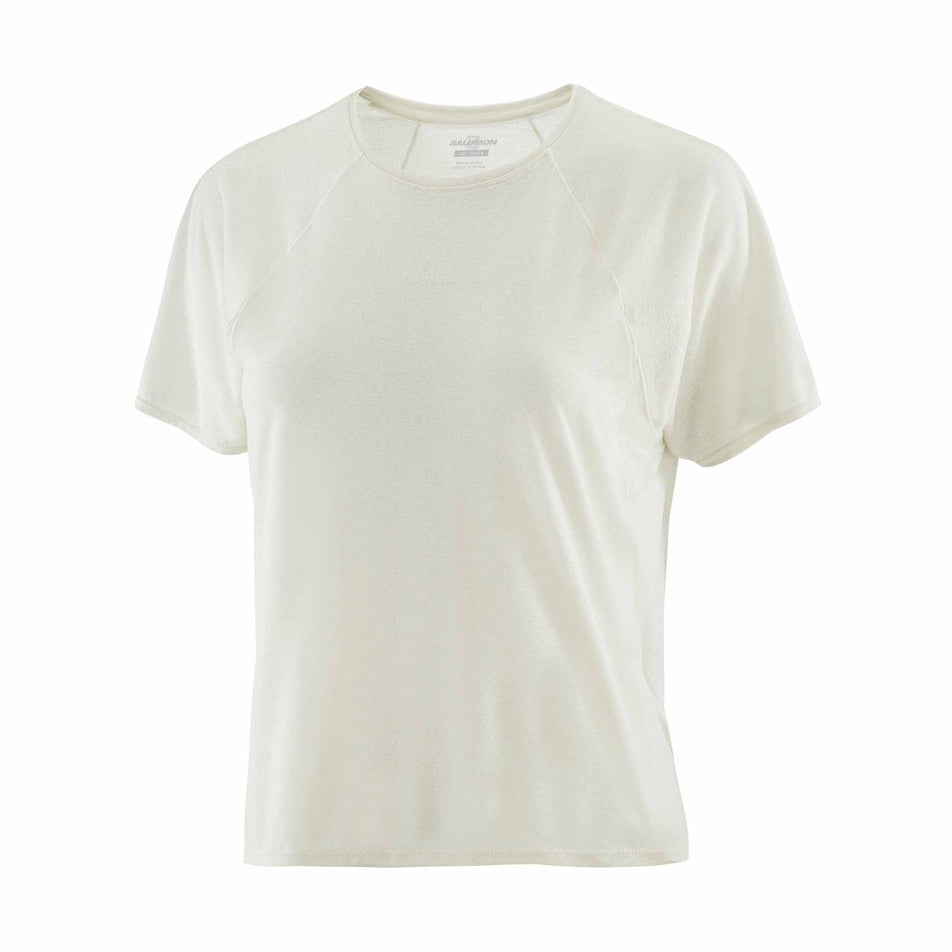 Front view of the Salomon Women's SHKout Air Cropped Short Sleeve T-Shirt in the Icicle colourway. (8575548096674)
