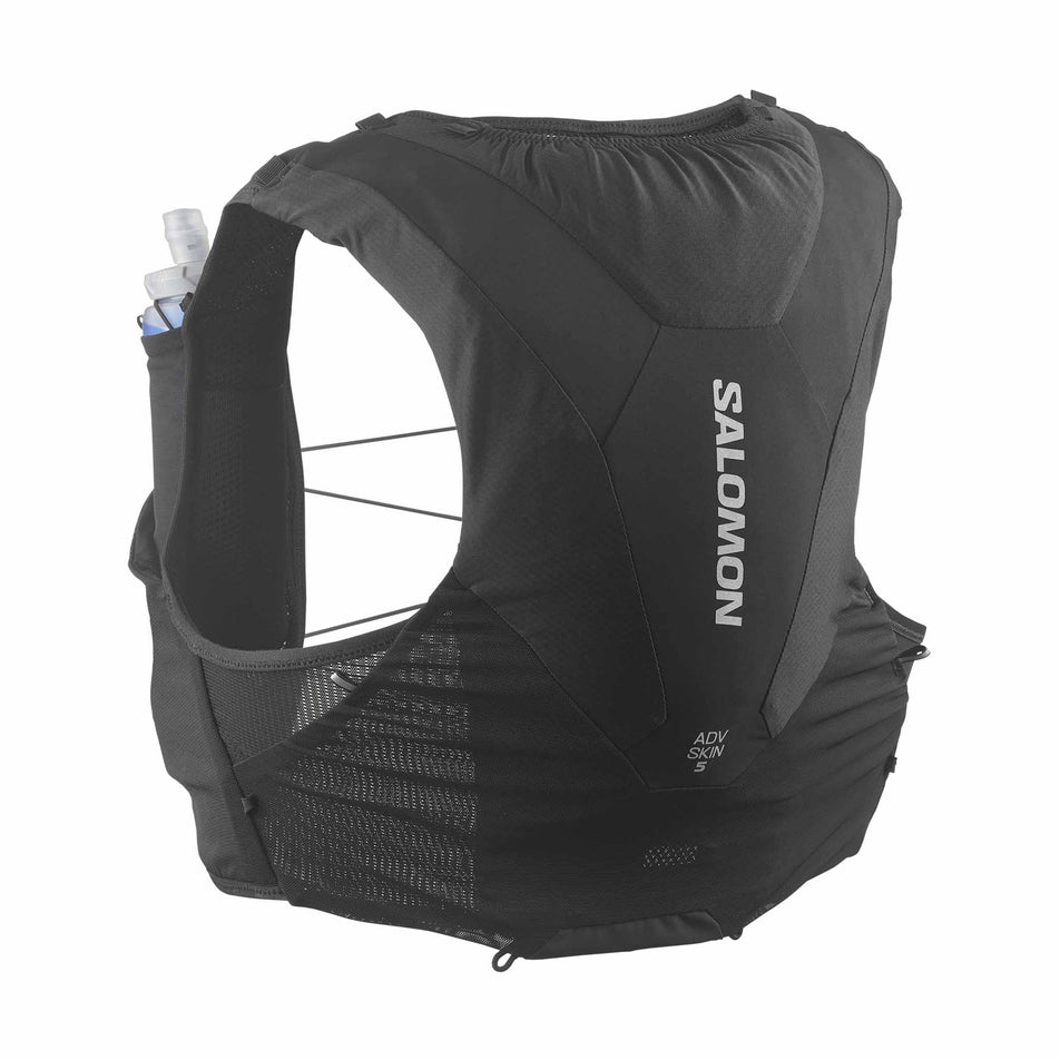 Back view of the Salomon Unisex ADV Skin 5 Running Vest with flasks included in the Black colourway. (8575893307554)