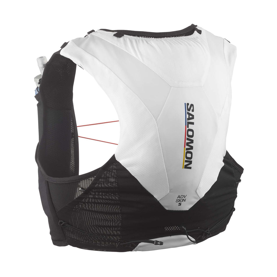 Back view of the Salomon Unisex ADV Skin 5 Race Flag Running Vest with flasks included in the Black/White colourway. (8575896682658)