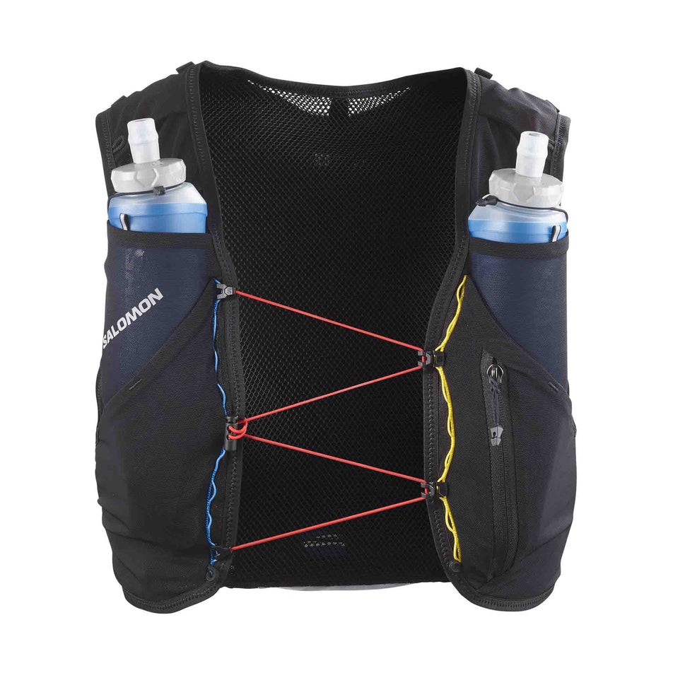 Front view of the Salomon Unisex ADV Skin 5 Race Flag Running Vest with flasks included in the Black/White colourway. (8575896682658)