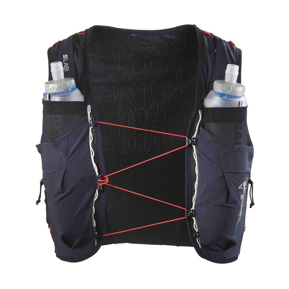 Front view of the Salomon Unisex S/LAB Ultra 10 Running Vest with flasks included in the Black colourway. (8575903563938)