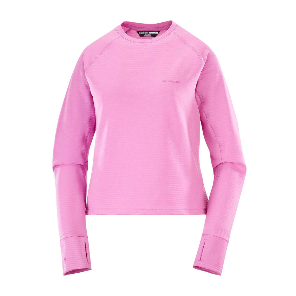 Front view of the Salomon Women's Essential Lightwarm Long-Sleeve Baselayer in the Cyclamen colourway. (8726946578594)