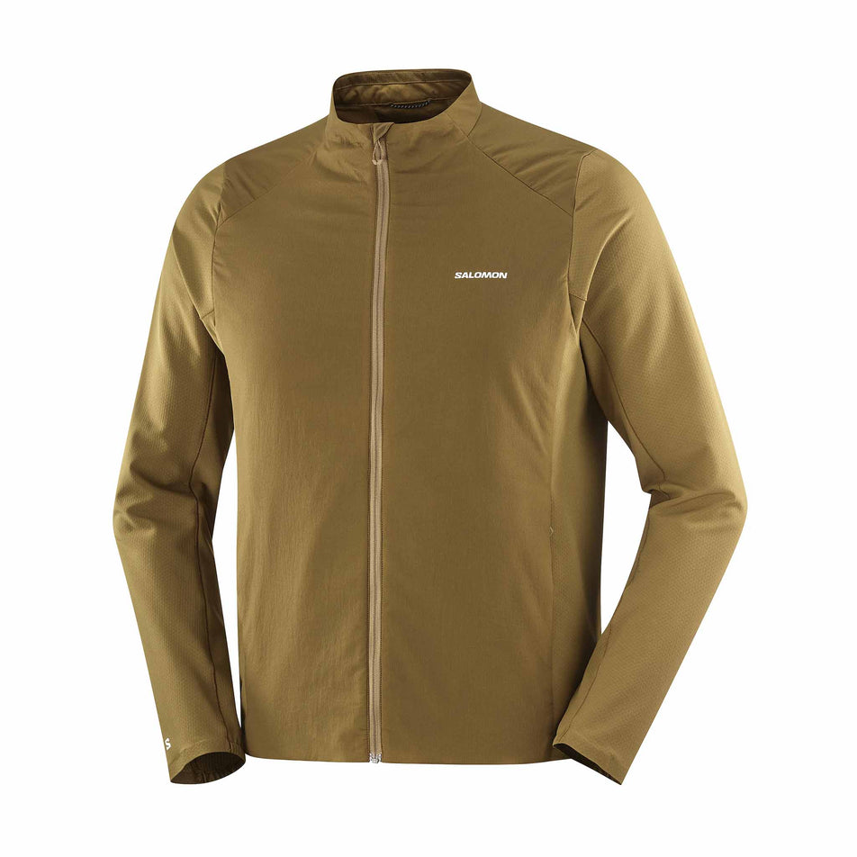 Front view of the Salomon Men's Mountain Flex Hybrid Insulated Jacket in the Brilliant Olive colourway. (8781934002338)
