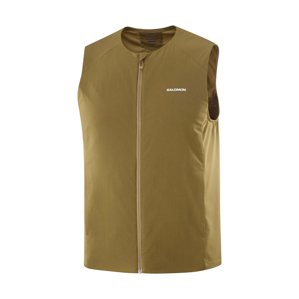 Front view of the Salomon Men's Mountain Flex Hybrid Running Vest in the Brilliant Olive colourway. (8781943111842)