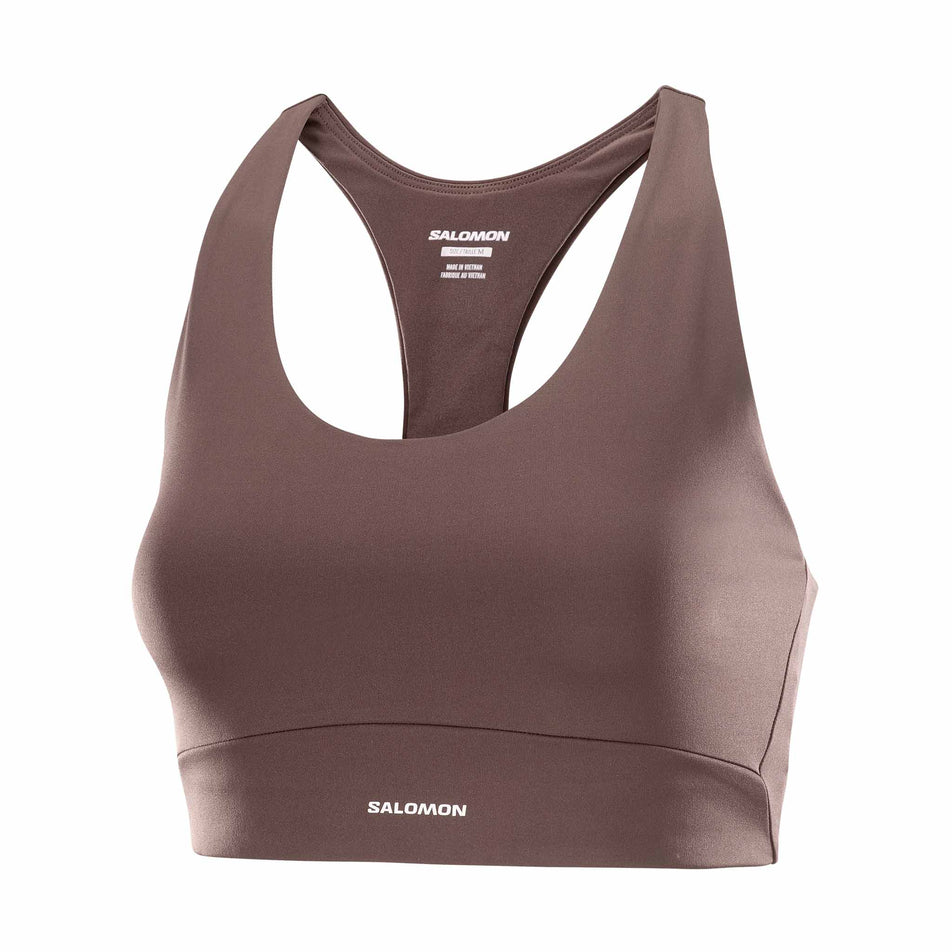 Front view of the Salomon Women's SHKout CORE Sports Bra in the Coffee Bean colourway. (8727006281890)