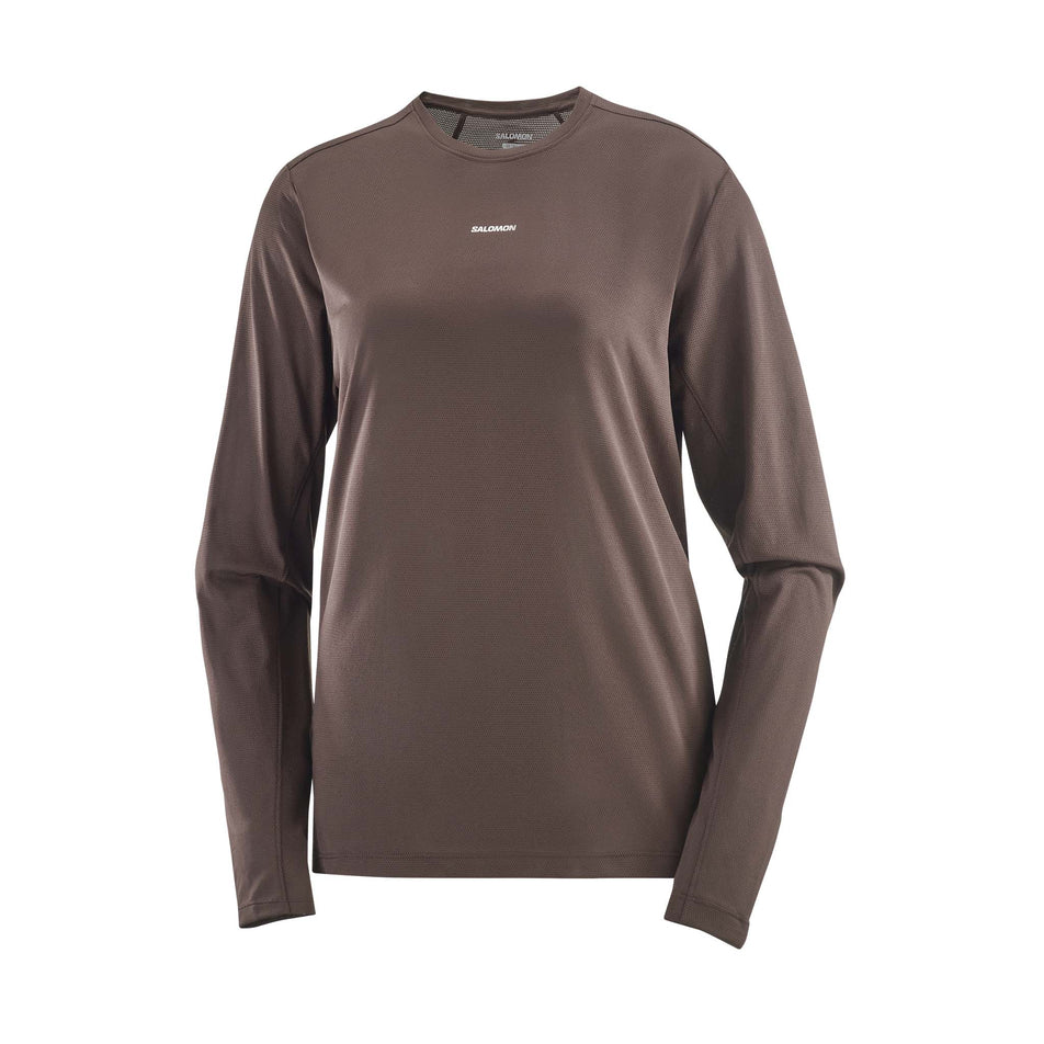 Front view of the Salomon Women's SHAKEout Core Long-Sleeve T-Shirt in the Coffee Bean colourway. (8730437714082)