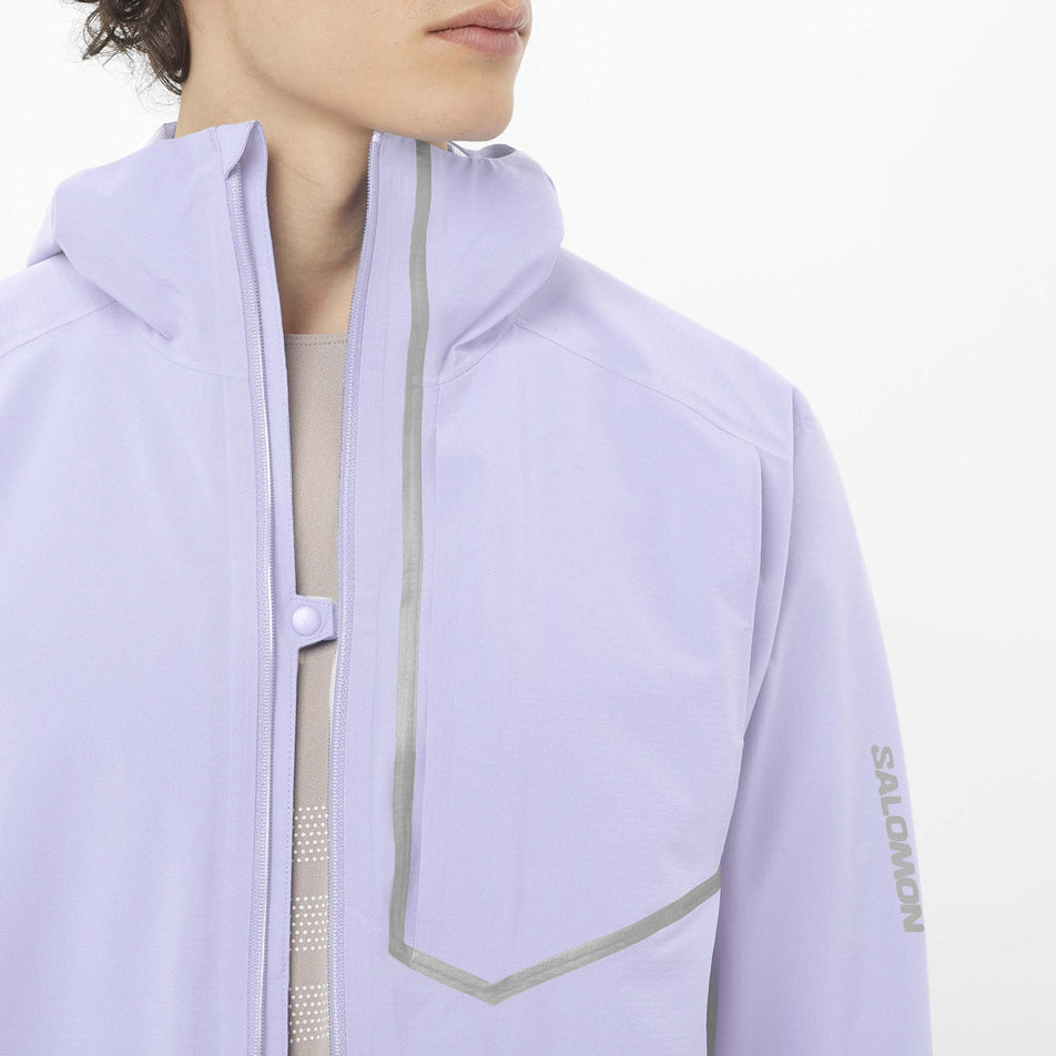 Front view of a model wearing the Salomon Men's Bonatti Trail Shell Jacket in the Cosmic Sky colourway. (8577950548130)