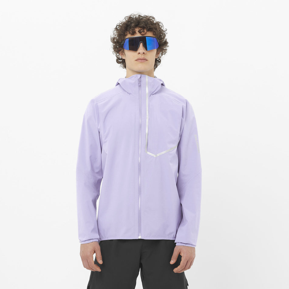 Front view of a model wearing the Salomon Men's Bonatti Trail Shell Jacket in the Cosmic Sky colourway.(8577950548130)