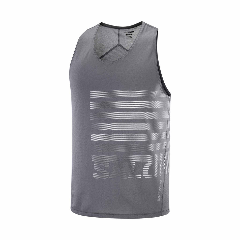 Front view of the Salomon Men's Sense Aero Graphic Tank in the Castlerock/White colourway. (8577963032738)