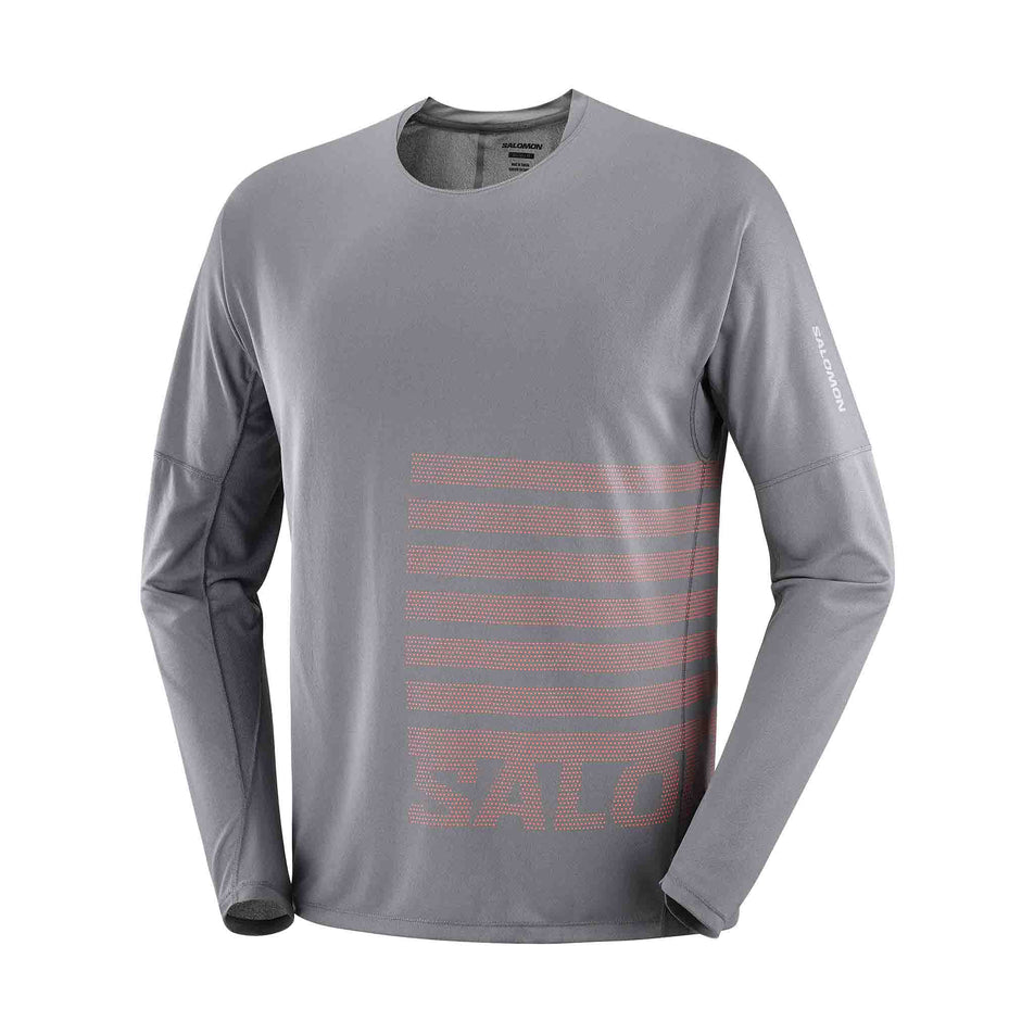 The front of the Salomon Men's Sense Aero Graphic Long Sleeve T-Shirt in the Castlerock/Neon Flame colourway. (8577952907426)