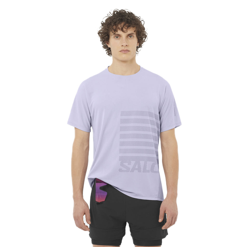 Front view of a model wearing the Salomon Men's Salomon Sense Aero Graphic Short Sleeve T-Shirt in the Cosmic Sky/Castlerock colourway. (8577957068962)