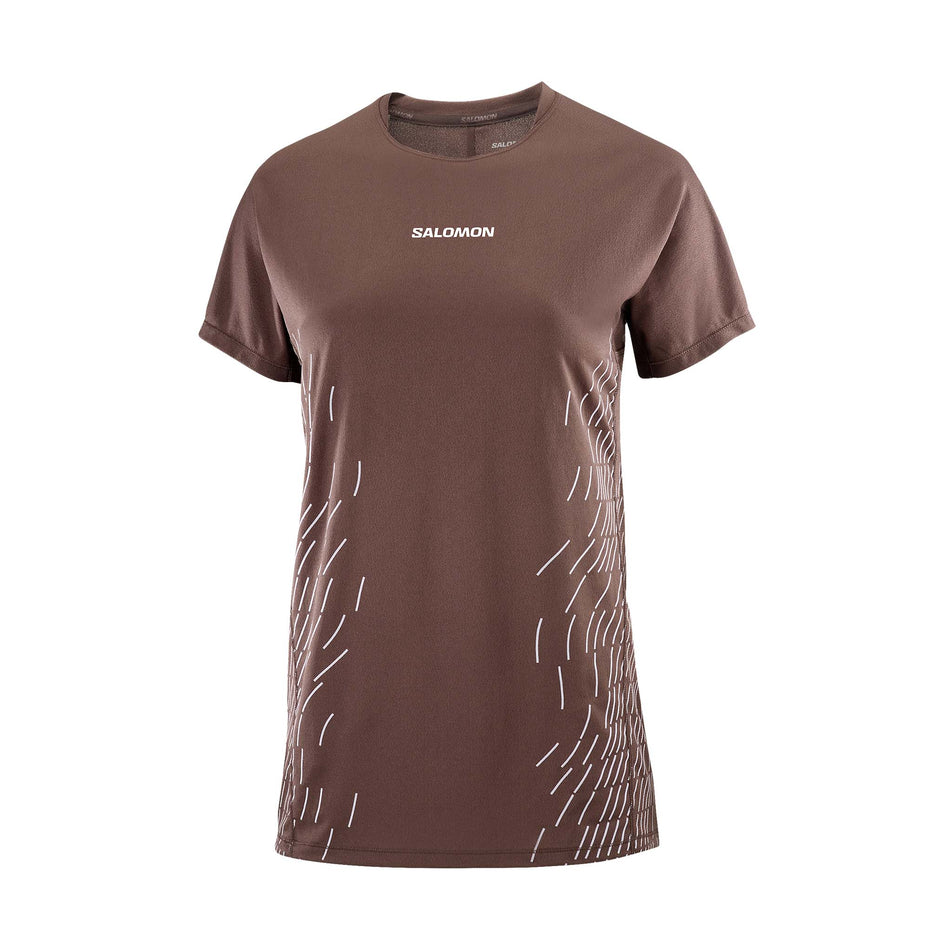 Front view of the Salomon Women's Sense Aero Graphic Short Sleeve T-Shirt in the Coffee Bean/Cosmic Sky colourway. (8727022796962)