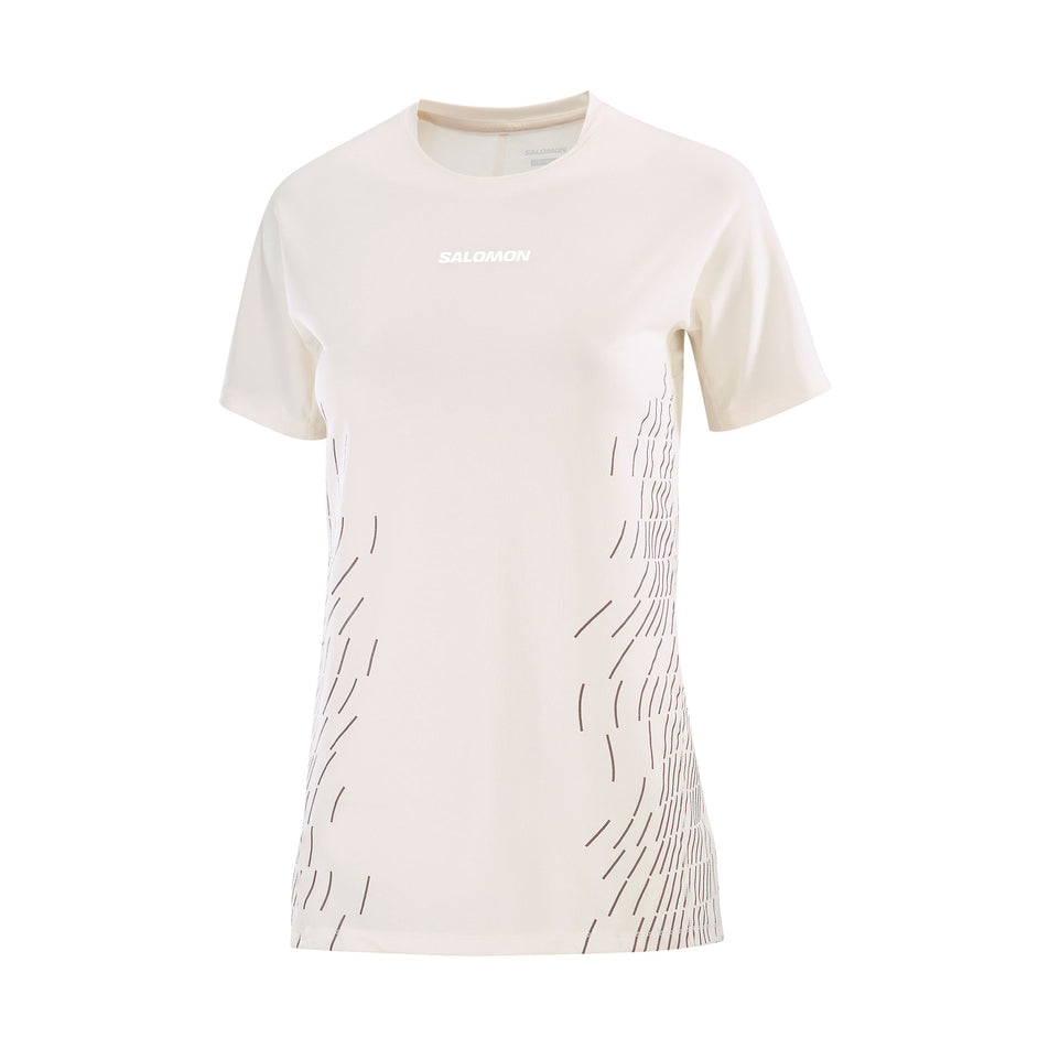 Front view of the Salomon Women's Sense Aero Graphic Short Sleeve T-Shirt in the Whisper White/White colourway. (8727016571042)