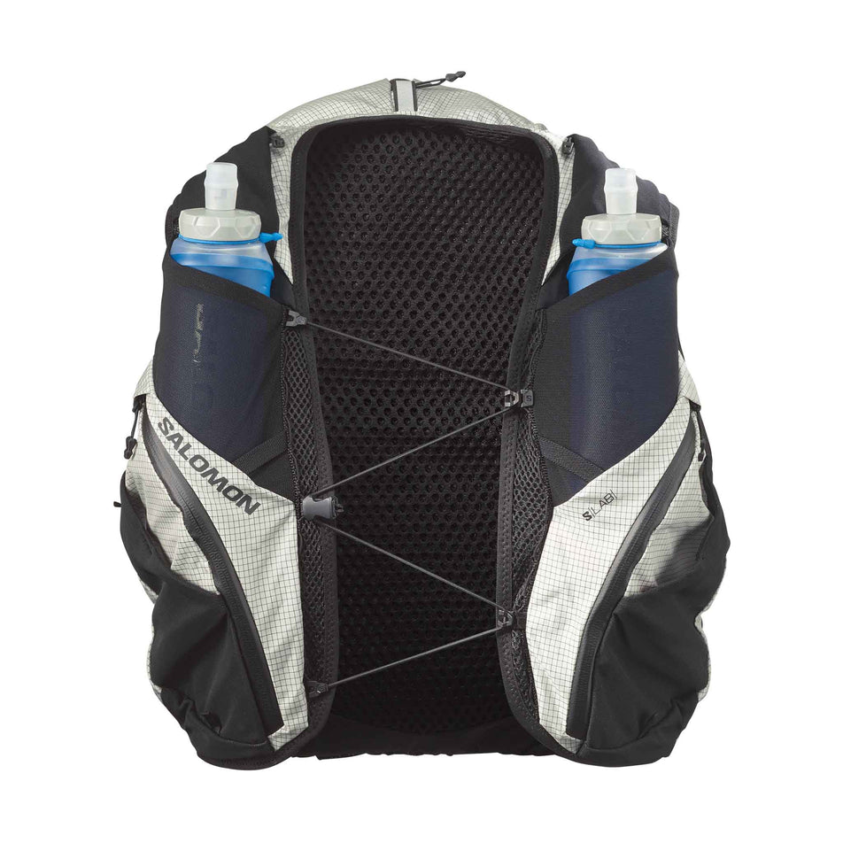 Front view of the Salomon Unisex S/LAB Adventure 20 Running Vest with flasks included in the Black/White colourway. (8737335279778)