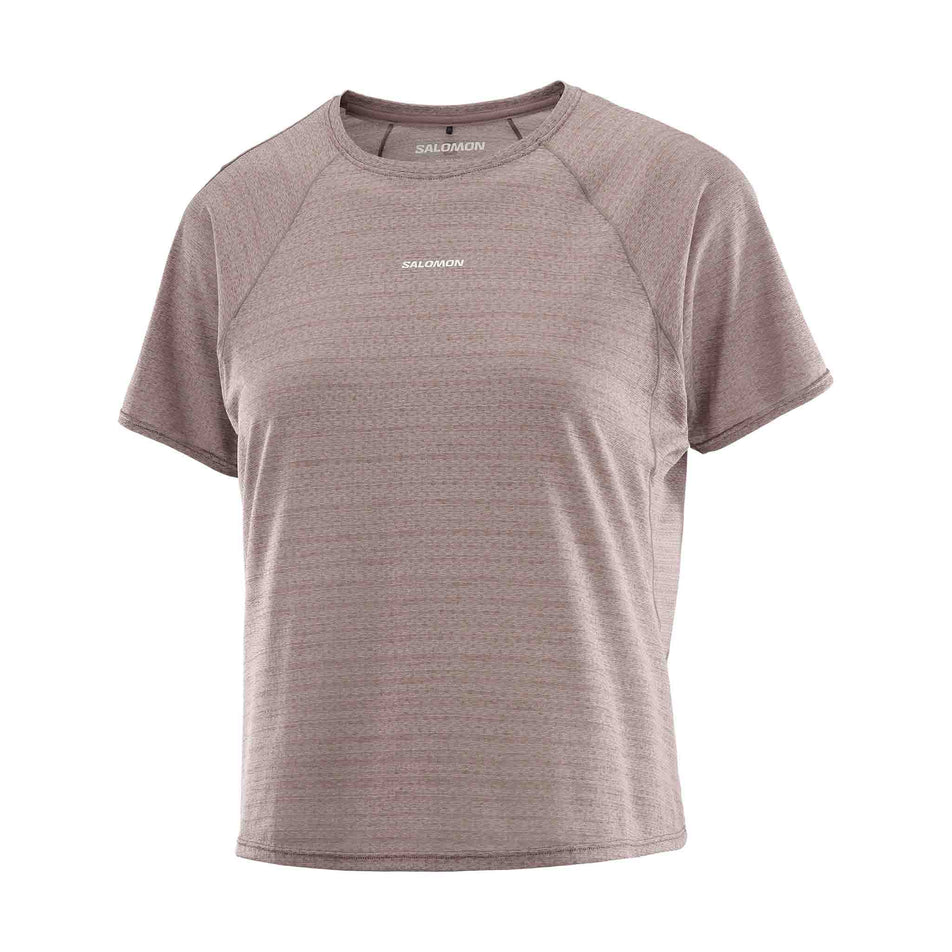 Front view of the Salomon Women's Shakeout Air Cropped Short-Sleeve T-Shirt in the Iron colourway.