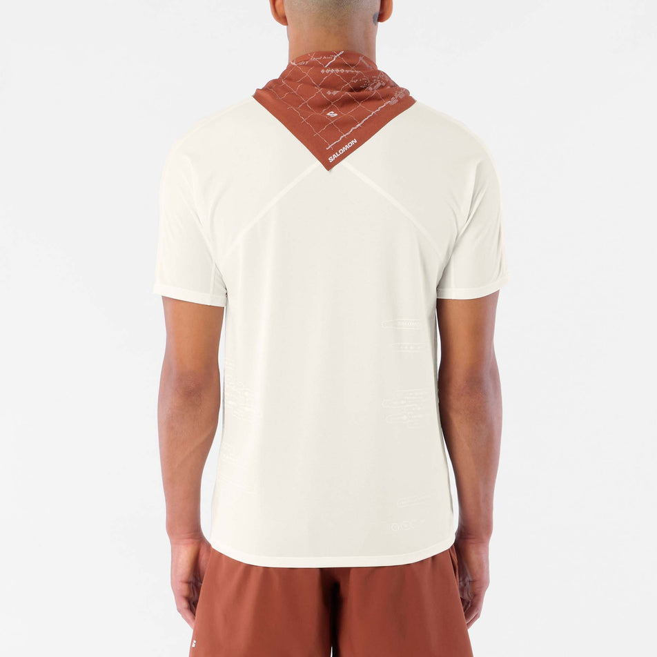 Back view of a model wearing the Salomon Men's Sense Aero SS Tee GFX in the Whisper White/Raind Day/Bright White colourway.