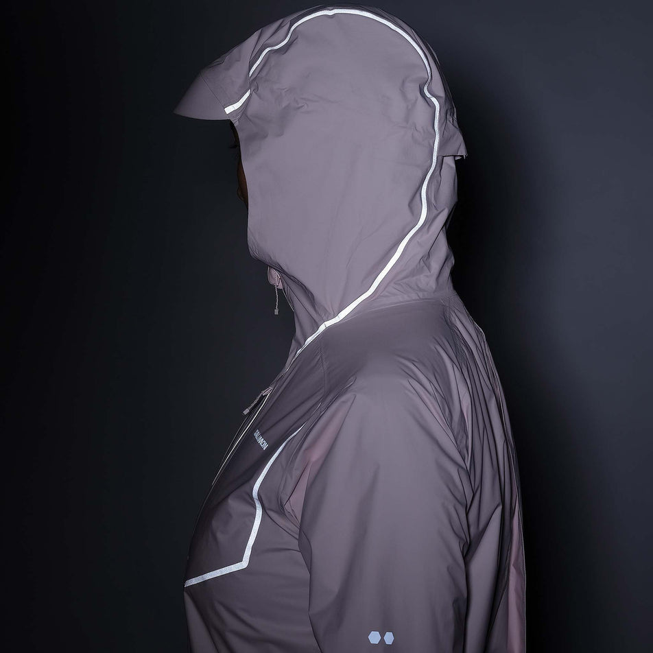 The reflective graphics on the Salomon Women's Bonatti Pro Shell Jacket in the Icy Pink colourway.