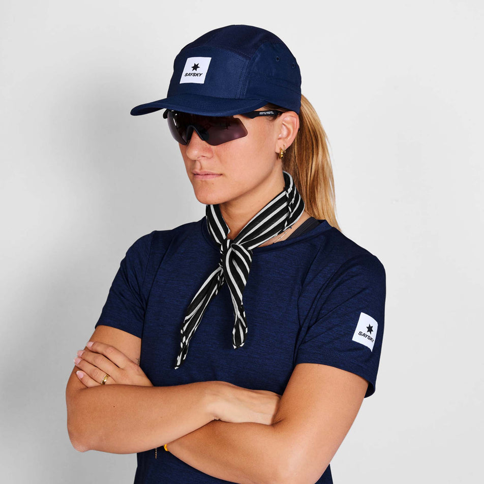 Front view of a model wearing the SAYSKY Unisex Combat Cap in the Blue colourway. (8731006337186)