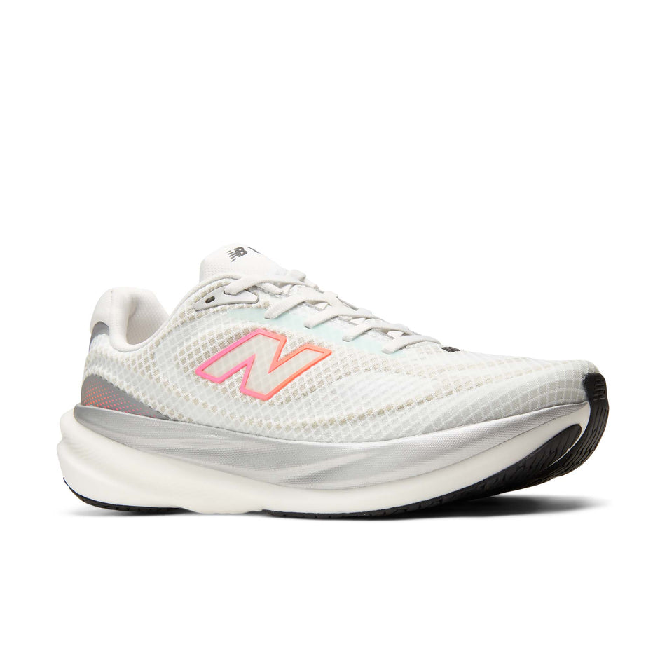 Lateral view of the right shoe from a pair of New Balance Men's 1080 V15 Running Shoes in the White/Pink Heat colourway.