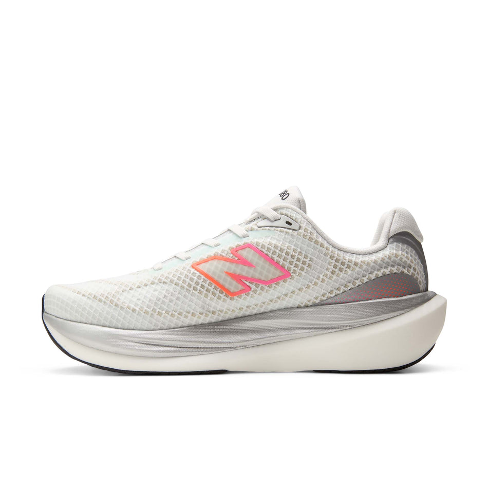 Medial view of the right shoe from a pair of New Balance Men's 1080 V15 Running Shoes in the White/Pink Heat colourway.