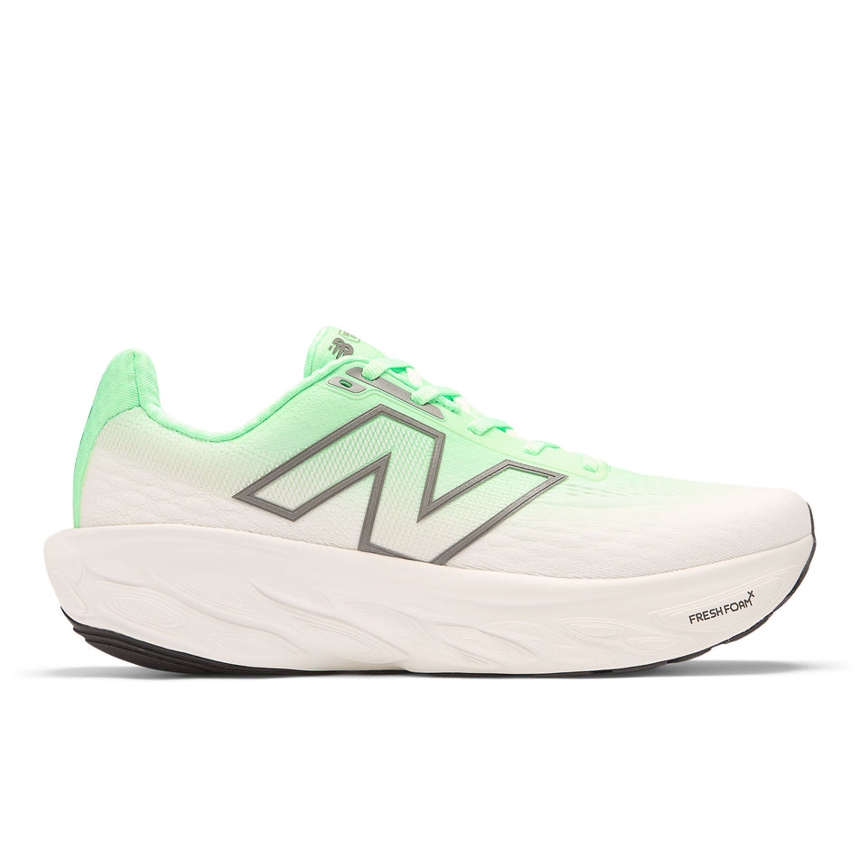 Lateral side of the right shoe from a pair of a pair of New Balance Men's Fresh Foam X 1080 V14 Running Shoes in the Electric Jade colourway (8568675893410)