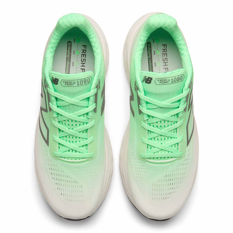 The uppers of a pair of New Balance Men's Fresh Foam X 1080 V14 Running Shoes in the Electric Jade colourway. (8568675893410)
