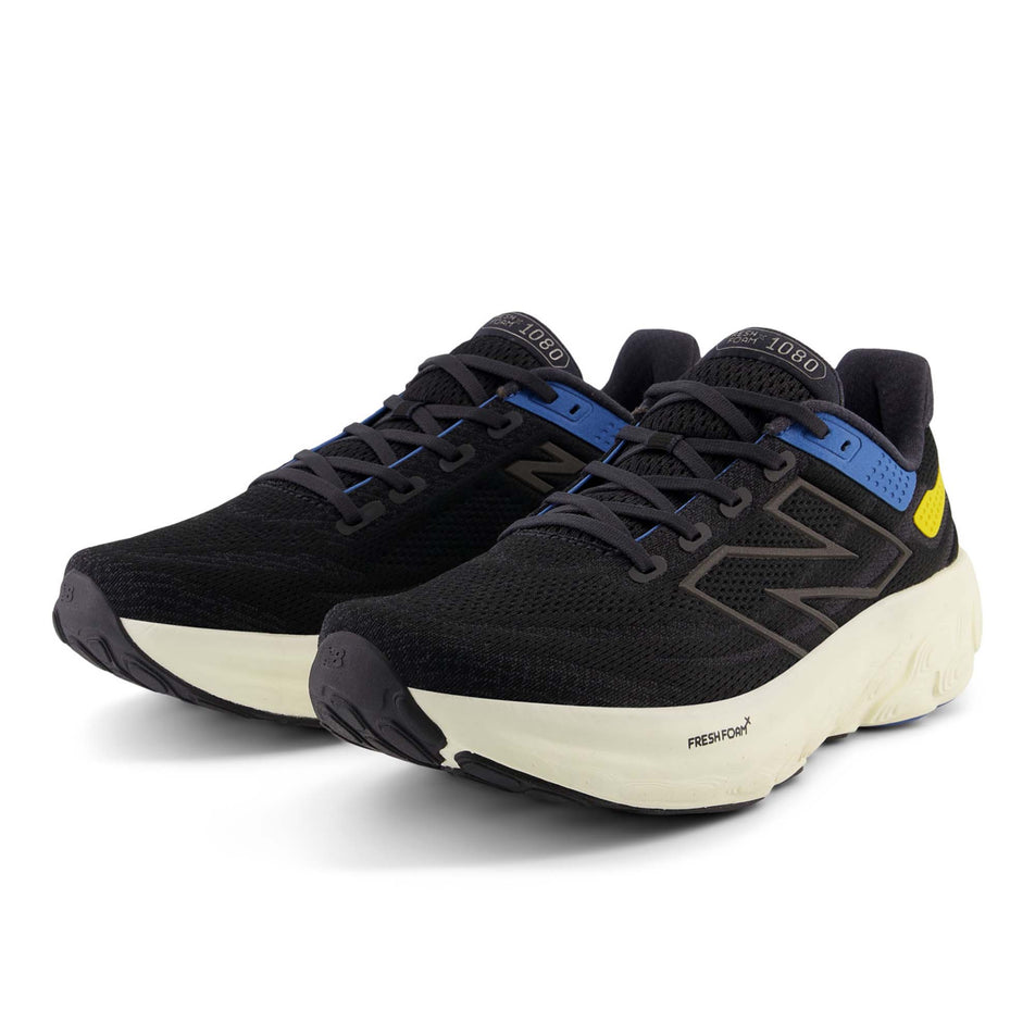 A pair of New Balance Men's Fresh Foam X 1080 v13 Running Shoes in the Black with blue agate and ginger lemon colourway (8153434259618)