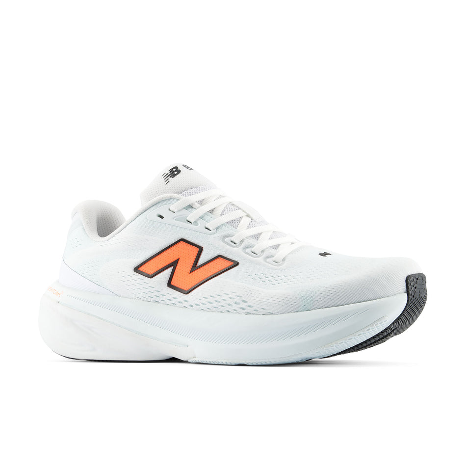 Lateral view of the right shoe from a pair of New Balance Men's Fresh Foam X 860 V15 Running Shoes in the White/Tangerine Heat colourway.