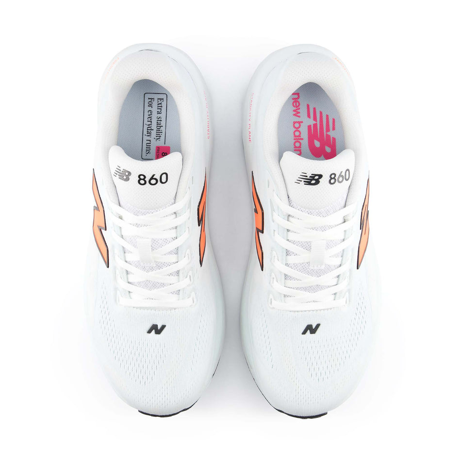 The uppers of a pair of New Balance Men's Fresh Foam X 860 V15 Running Shoes in the White/Tangerine Heat colourway.