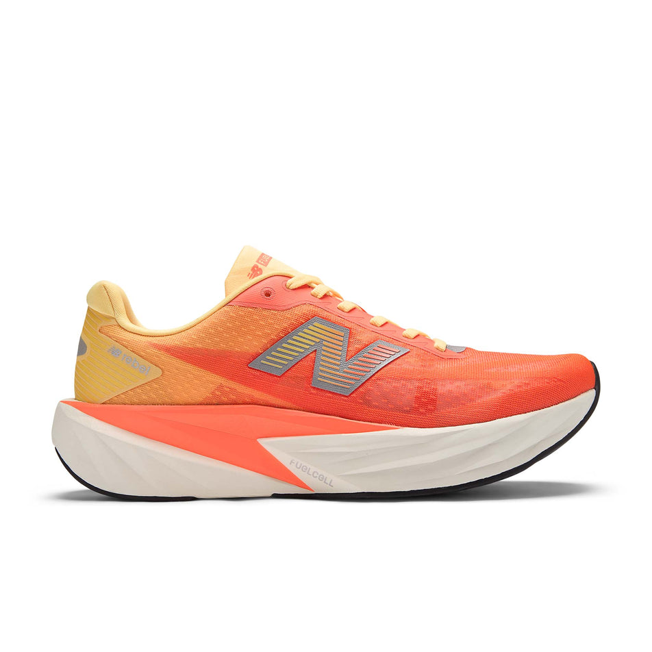 Lateral view of right shoe from a pair of New Balance Men's Fuelcell Rebel V5 Running Shoes in the Tangerine Heat colourway.