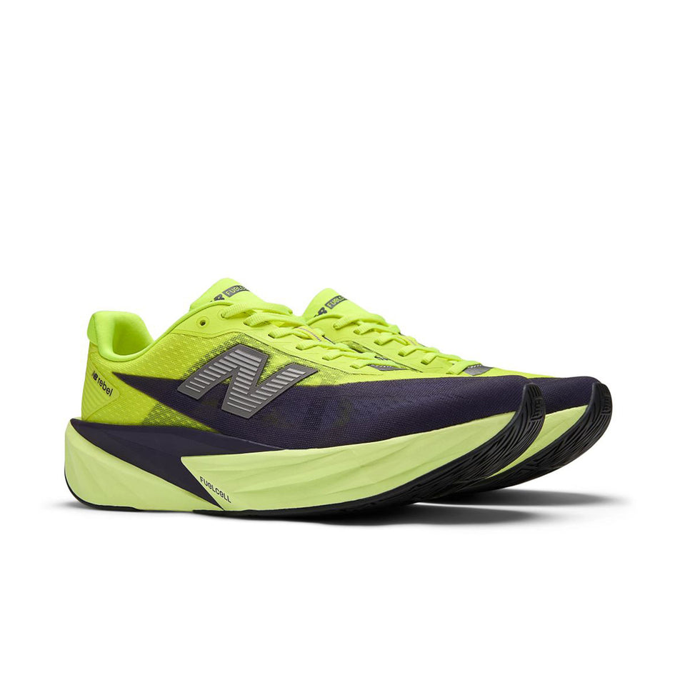A pair of New Balance Men's Fuelcell Rebel V5 Running Shoes in the Alkaline Green colourway.