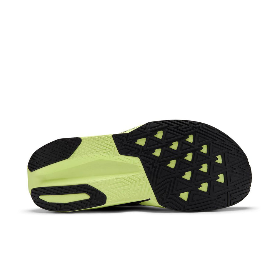 The outsole of the right shoe from a pair of New Balance Men's Fuelcell Rebel V5 Running Shoes in the Alkaline Green colourway.