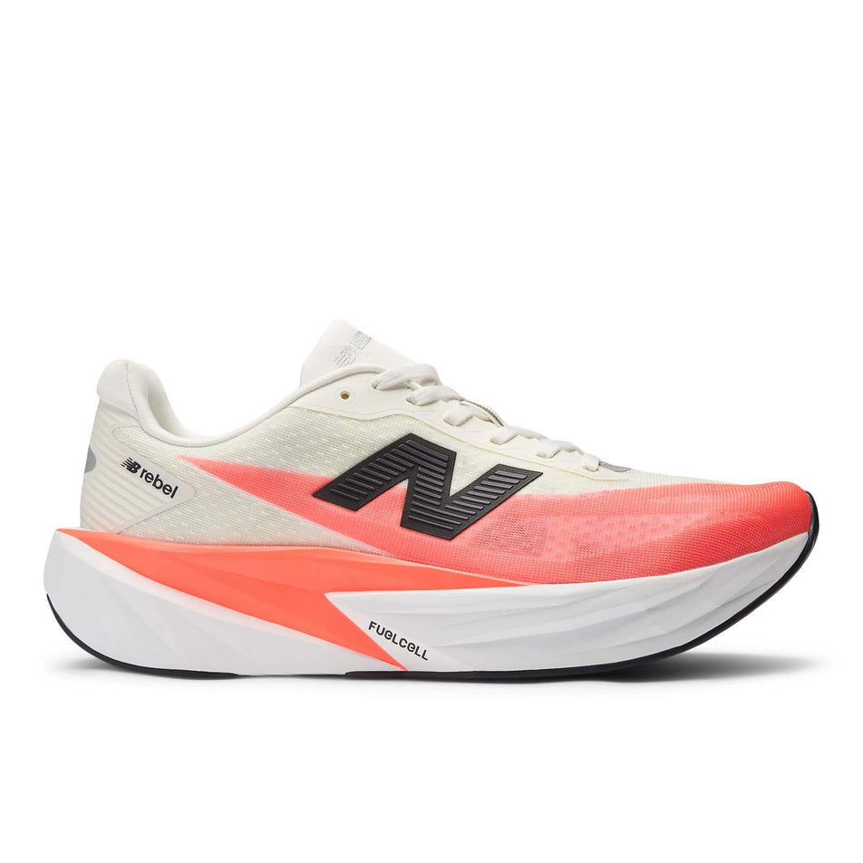 Lateral view of the right shoe from a pair of New Balance Men's FuelCell Rebel v5 Running Shoes in the Urgent Red colourway. (8712212218018)