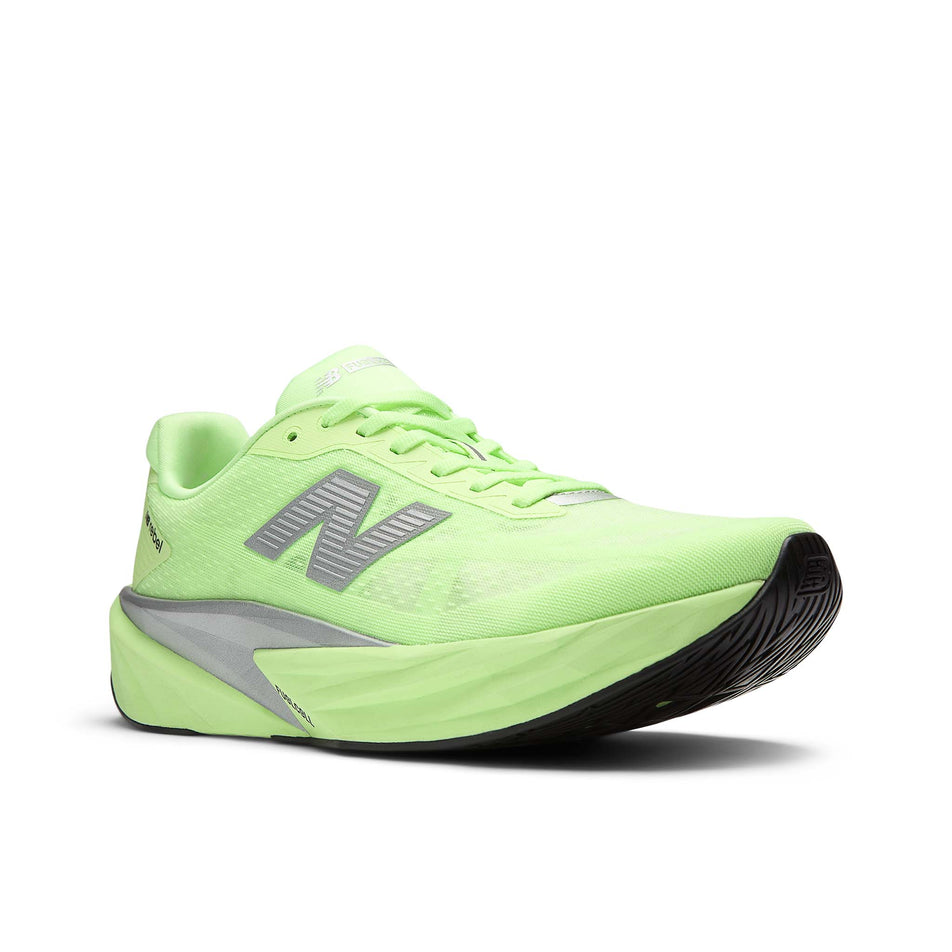 Lateral view of the right shoe from a pair of New Balance Men's FuelCell Rebel v5 Running Shoes in the Mint Flash colourway. (8721899094178)