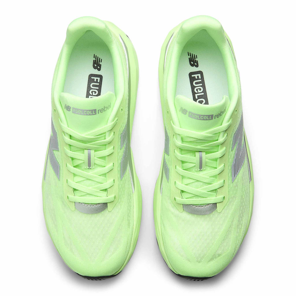 The uppers of a pair of New Balance Men's FuelCell Rebel v5 Running Shoes in the Mint Flash colourway. (8721899094178)