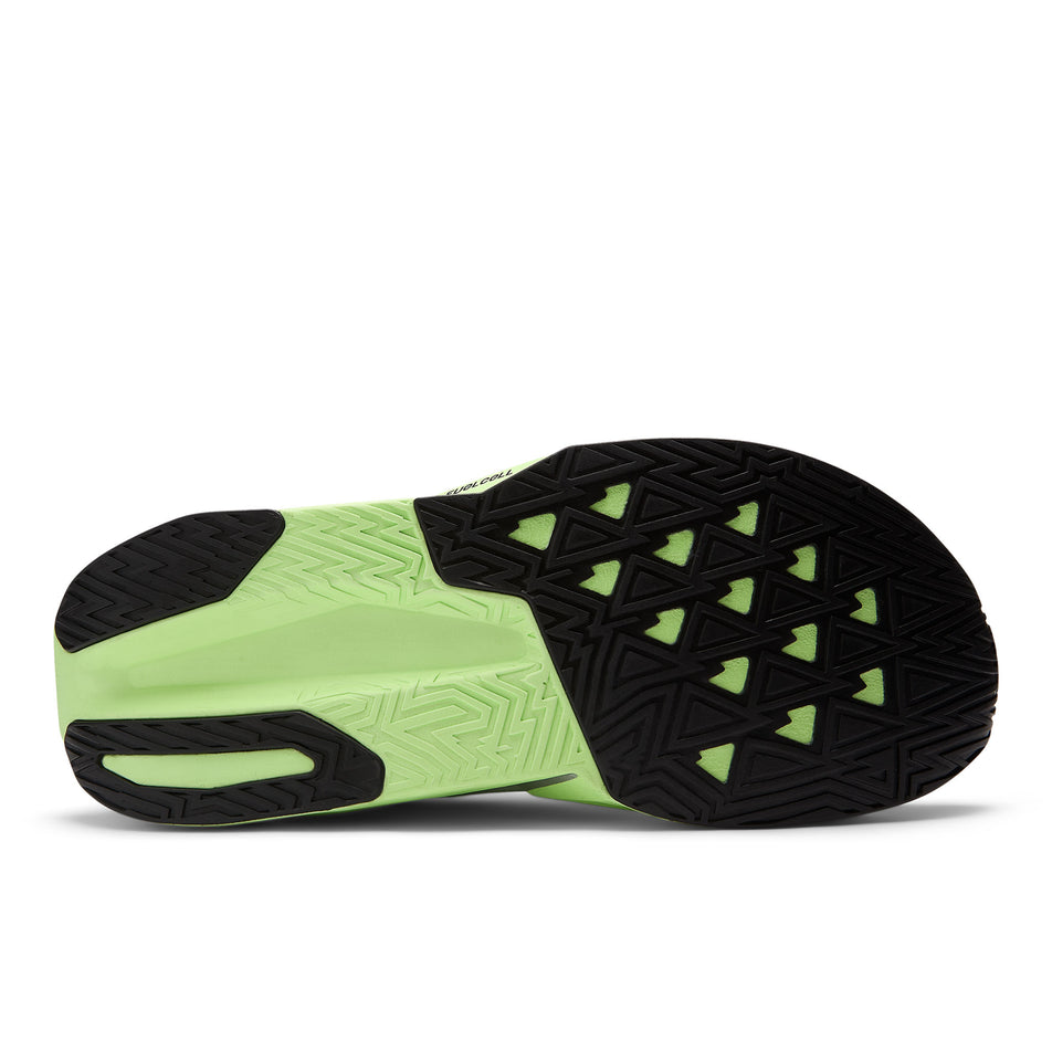 The outsole of the right shoe from a pair of New Balance Men's FuelCell Rebel v5 Running Shoes in the Mint Flash colourway. (8721899094178)