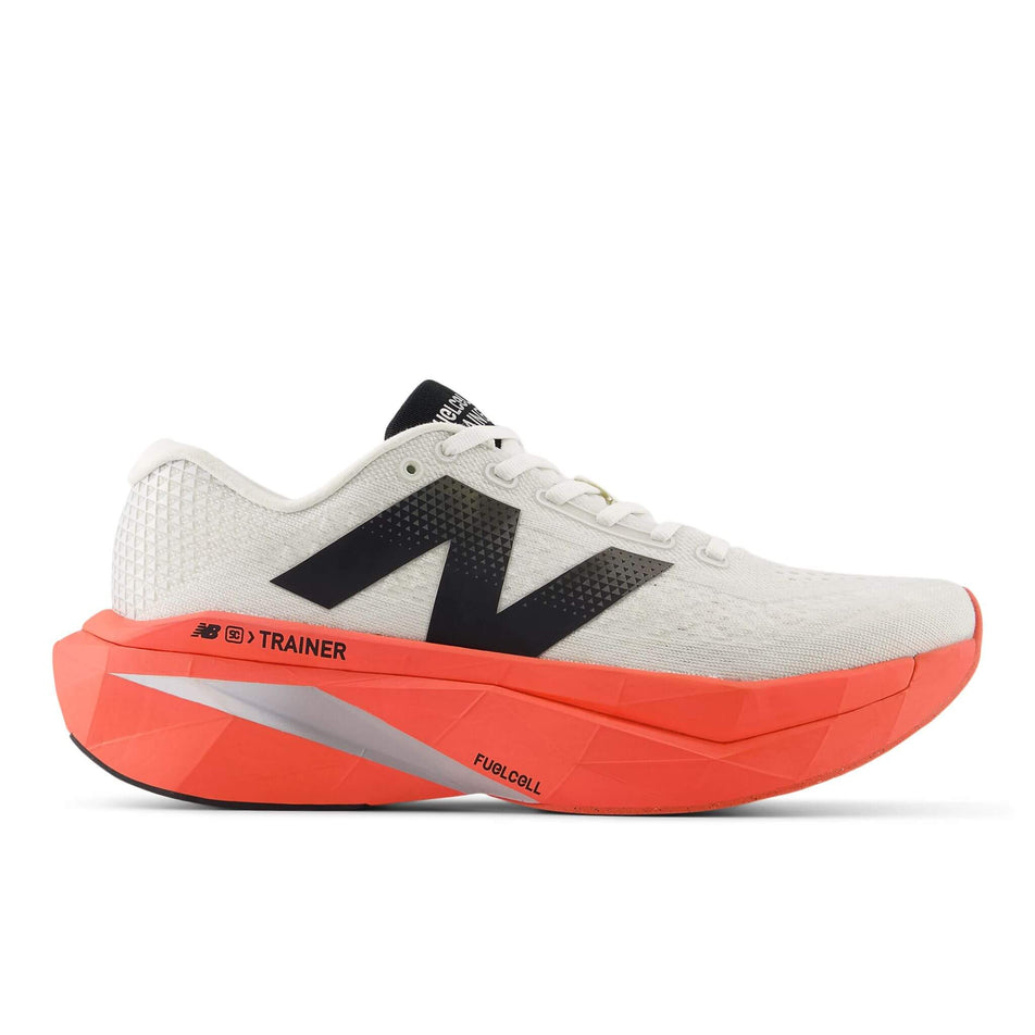 Lateral view of the right shoe from a pair of New Balance Men's FuelCell SuperComp Trainer v3 Running Shoes in the Urgent Red colourway. (8713145974946)