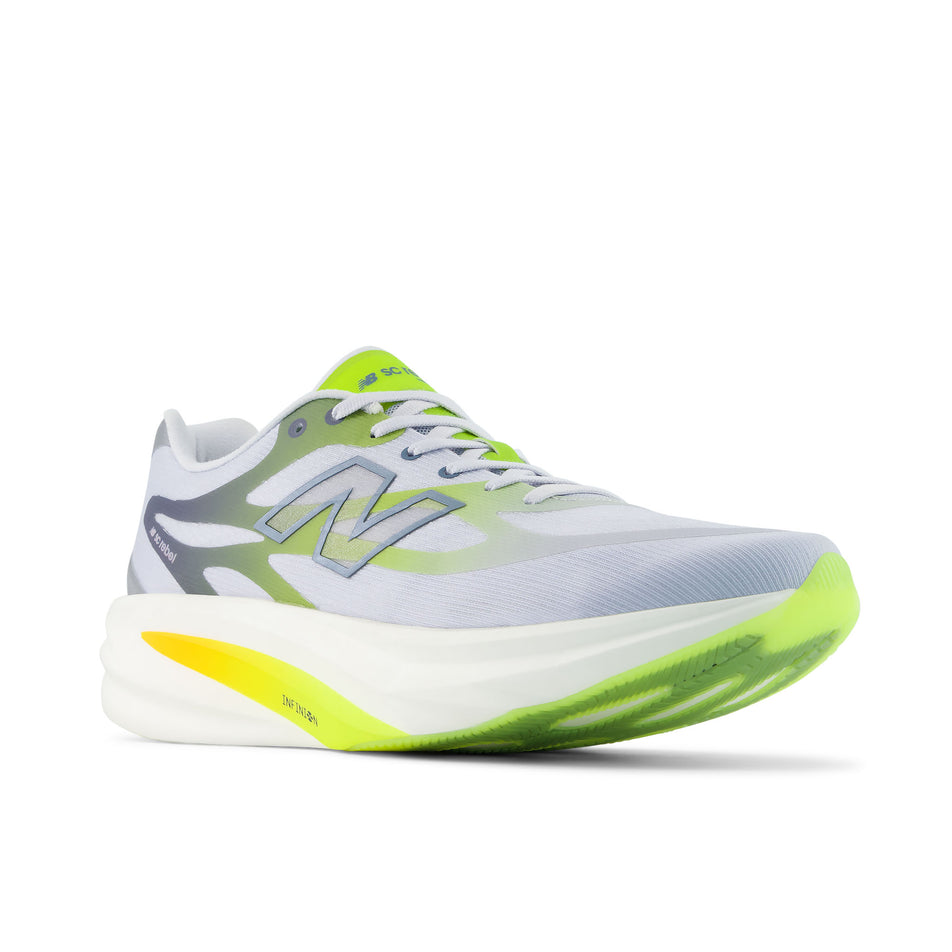 Lateral view of the right shoe from a pair of New Balance Men's SC Rebel Running Shoes in the Fresh Air/Alkaline Green colourway.