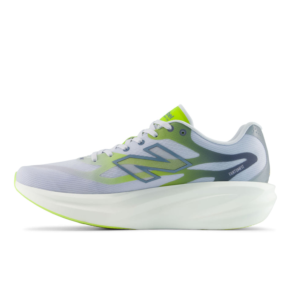 Medial view of the right shoe from a pair of New Balance Men's SC Rebel Running Shoes in the Fresh Air/Alkaline Green colourway.