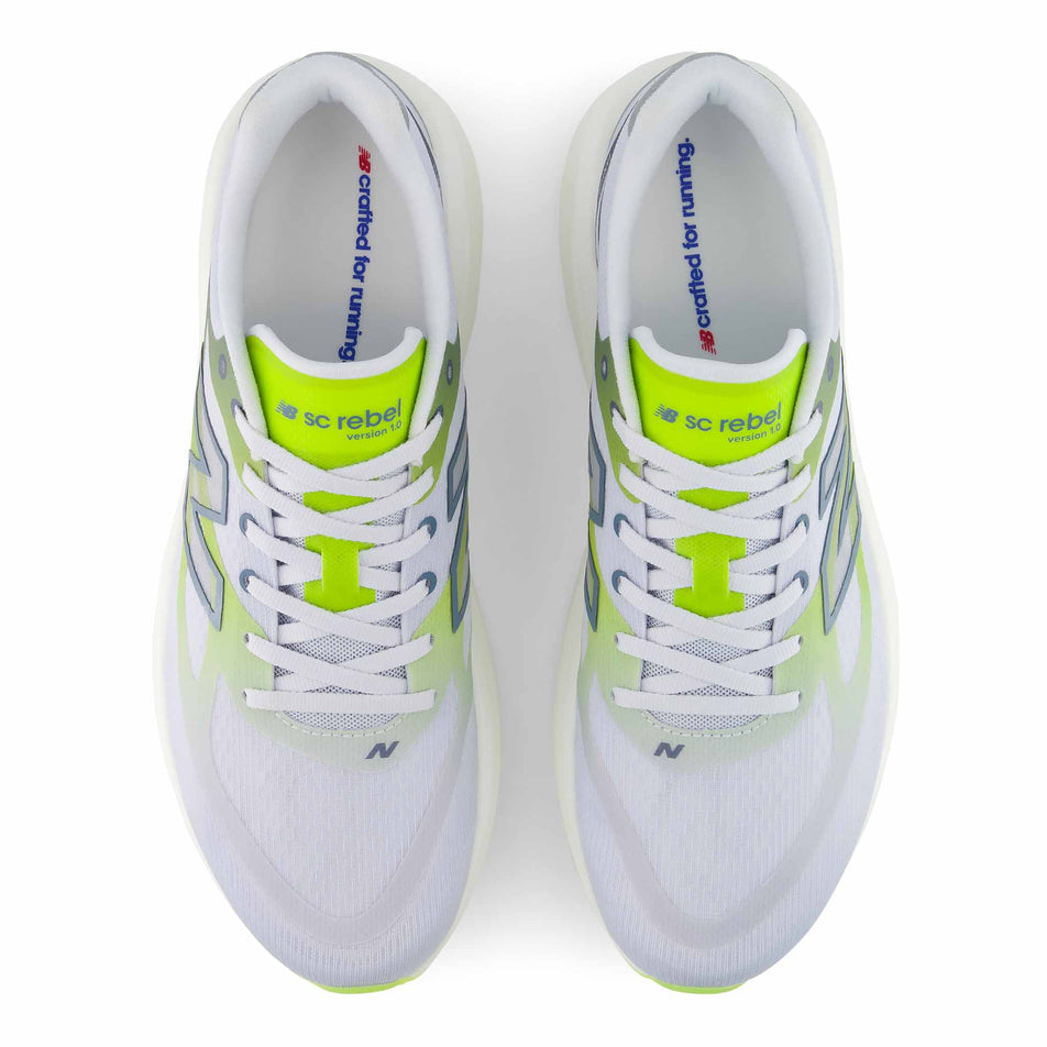 The uppers of a pair of New Balance Men's SC Rebel Running Shoes in the Fresh Air/Alkaline Green colourway.